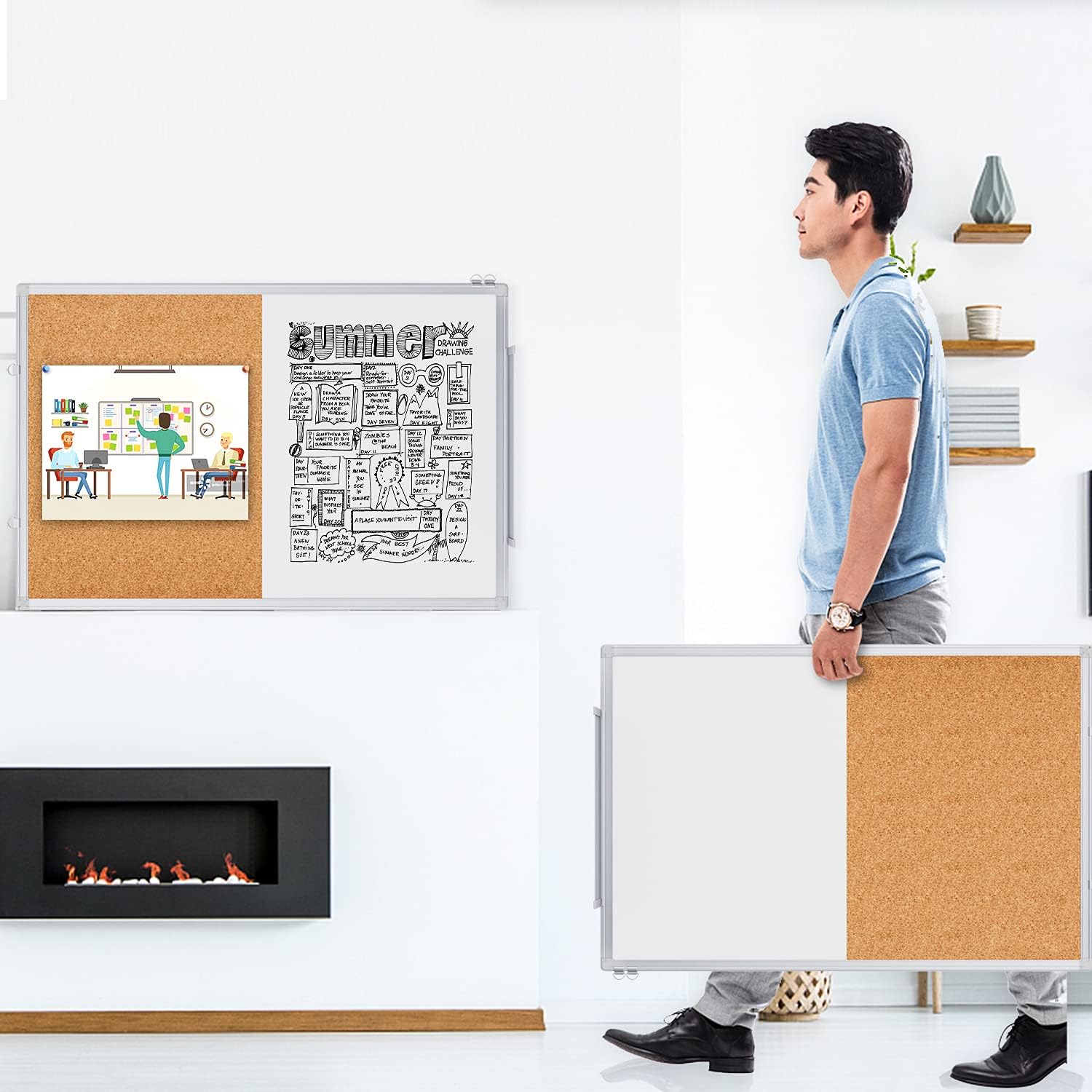 Magnetic White Board and Cork Board Combo, 36 X 24 inches Whiteboard Bulletin Combination Board, Wall Mounted Dry