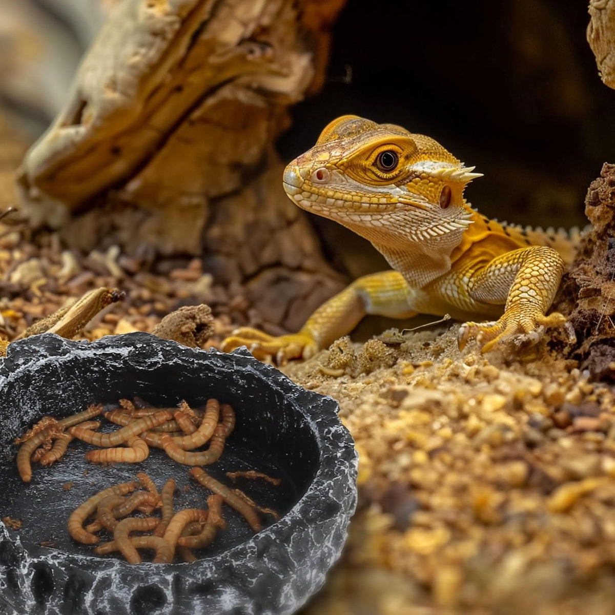 Reptile Water Dish Food Bowl for Bearded Dragon Tank Accessories, Reptile Rock Feeder for Tank 2 Pack Corner Resin