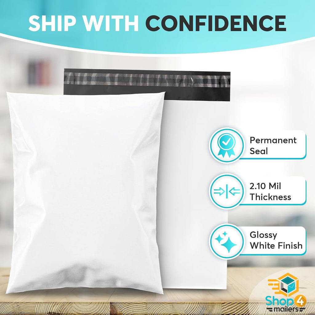 200 Count 14x19 Permanent Self Seal White Poly Mailers, 2.1 Mil