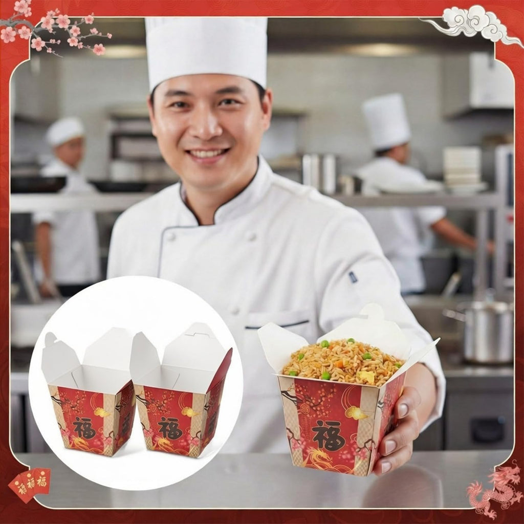 60 Pcs Chinese Fu Takeout Boxes 8oz Asian Party, Chinese Fu, Red