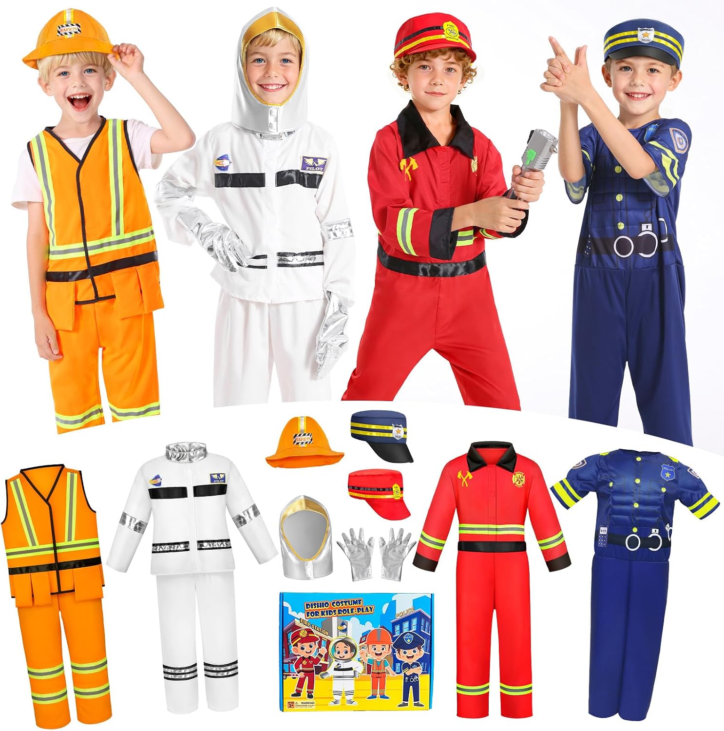 Kids Pretend Role Play Costumes, Dress Up Clothes for Toddlers | 4 Sets Astronaut, Policeman, Firefighter, Engineer