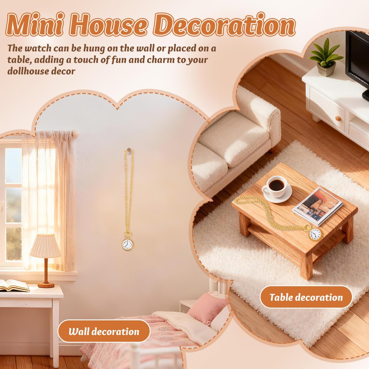 Mini Pocket Watch with Chain, 2.44 in Vintage Dollhouse Accessory | 1:12 Scale Miniature Watch for Tiny House
