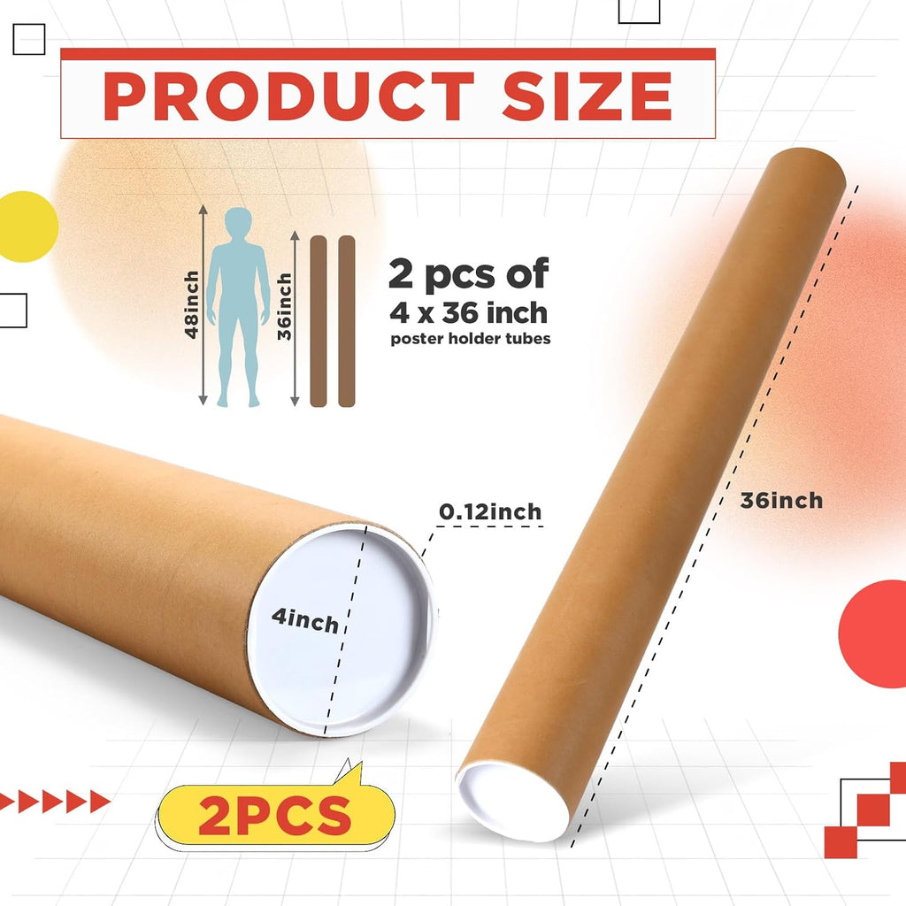 2 Pack 4” x 36” Cardboard Mailing Tubes with Caps, 0.12" Thick