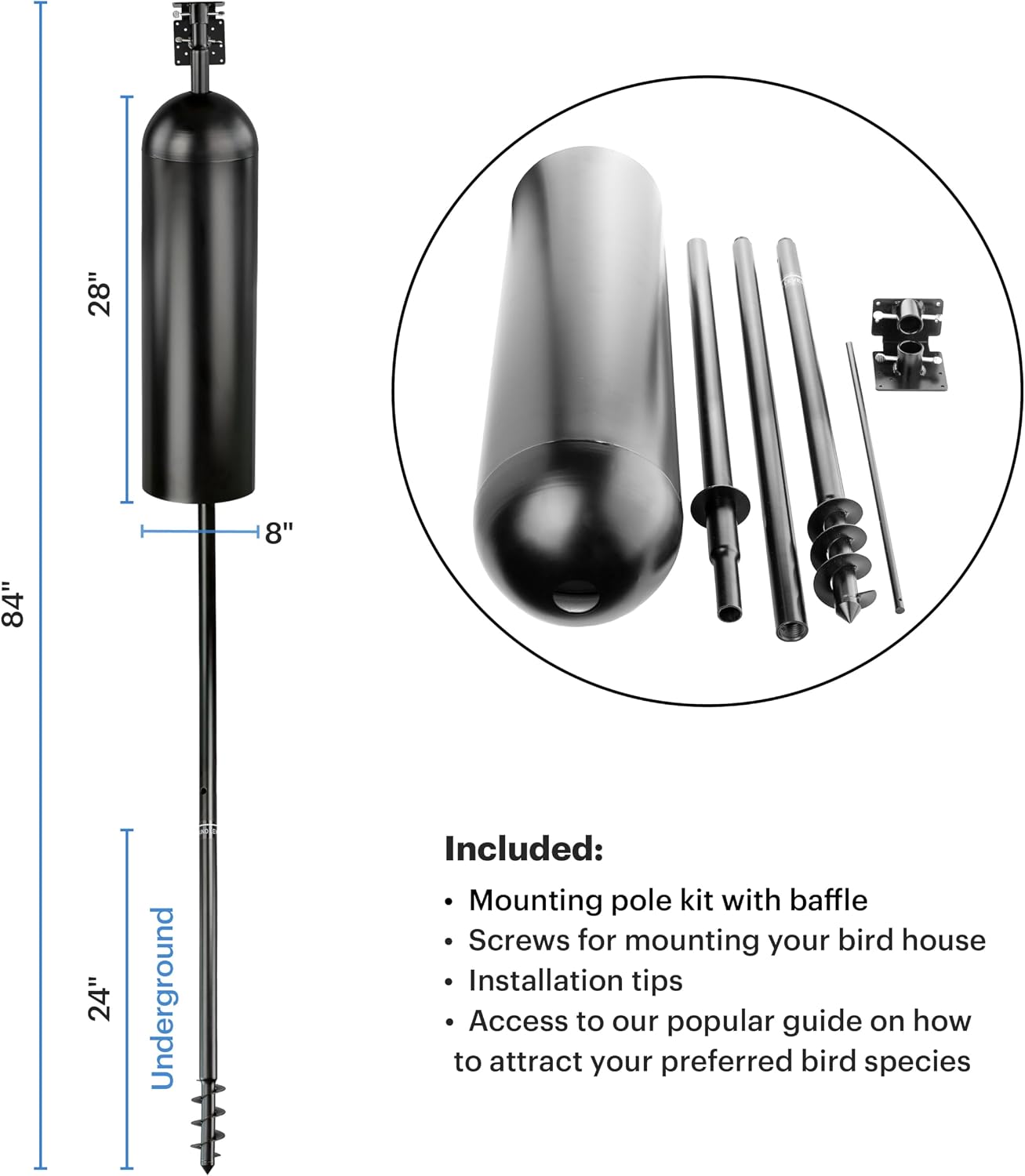 Bird House Pole with Baffle- A Professional Squirrel Proof Bird Feeder Pole - Very Sturdy Against Strong Winds - Bird