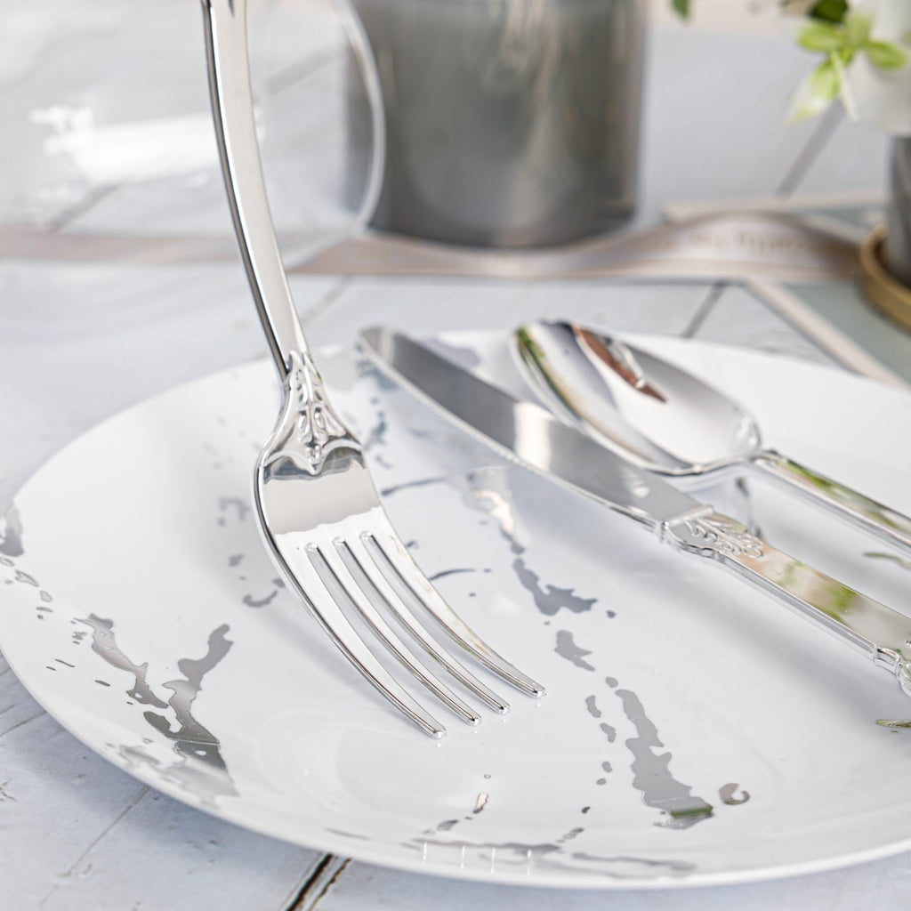 300PCS Silver Plastic Silverware, Vintage Disposable Utensils & Cutlery