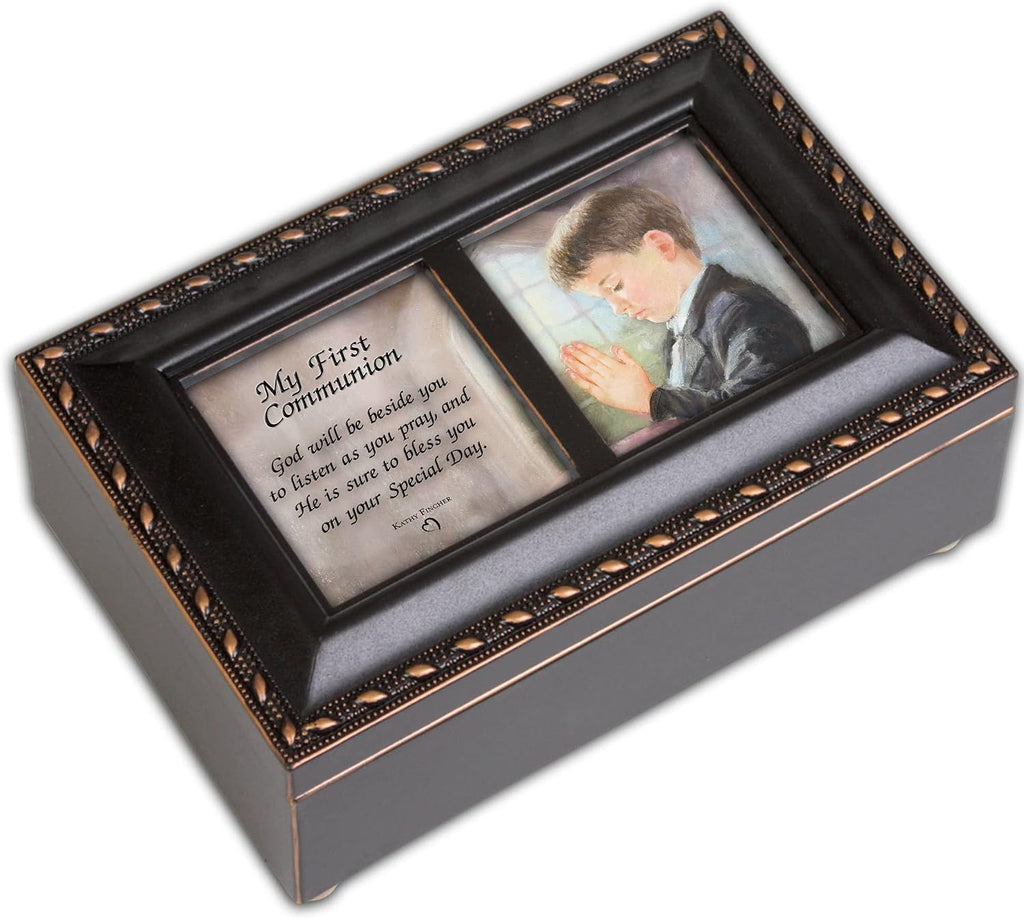 First Communion God Beside You Matte Black Rope Trim Petite Music Box Plays Handel's Hallelujah
