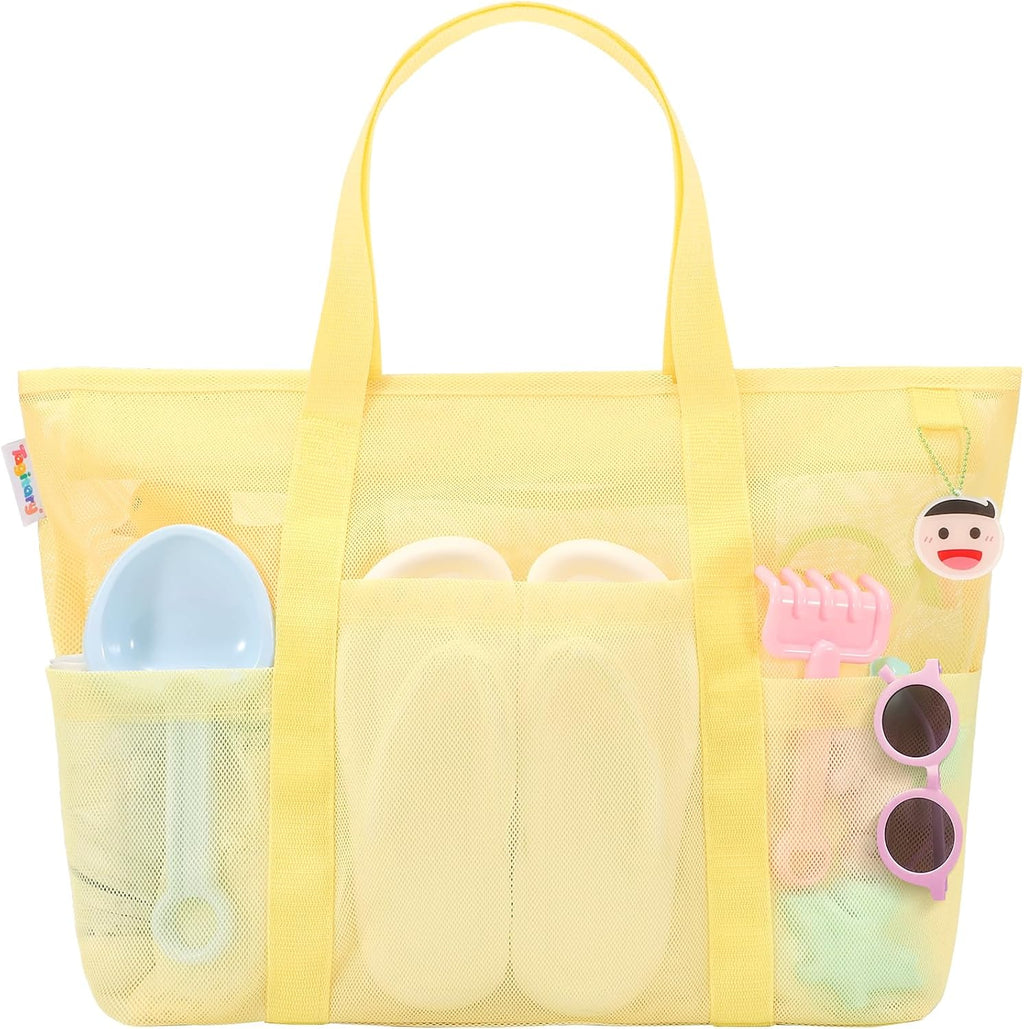 Beach Toys for Kids and Mesh Beach Bag with Zipper, Large Beach Tote with 8 Pockets, Sand Toys Storage Pool Bag Beach