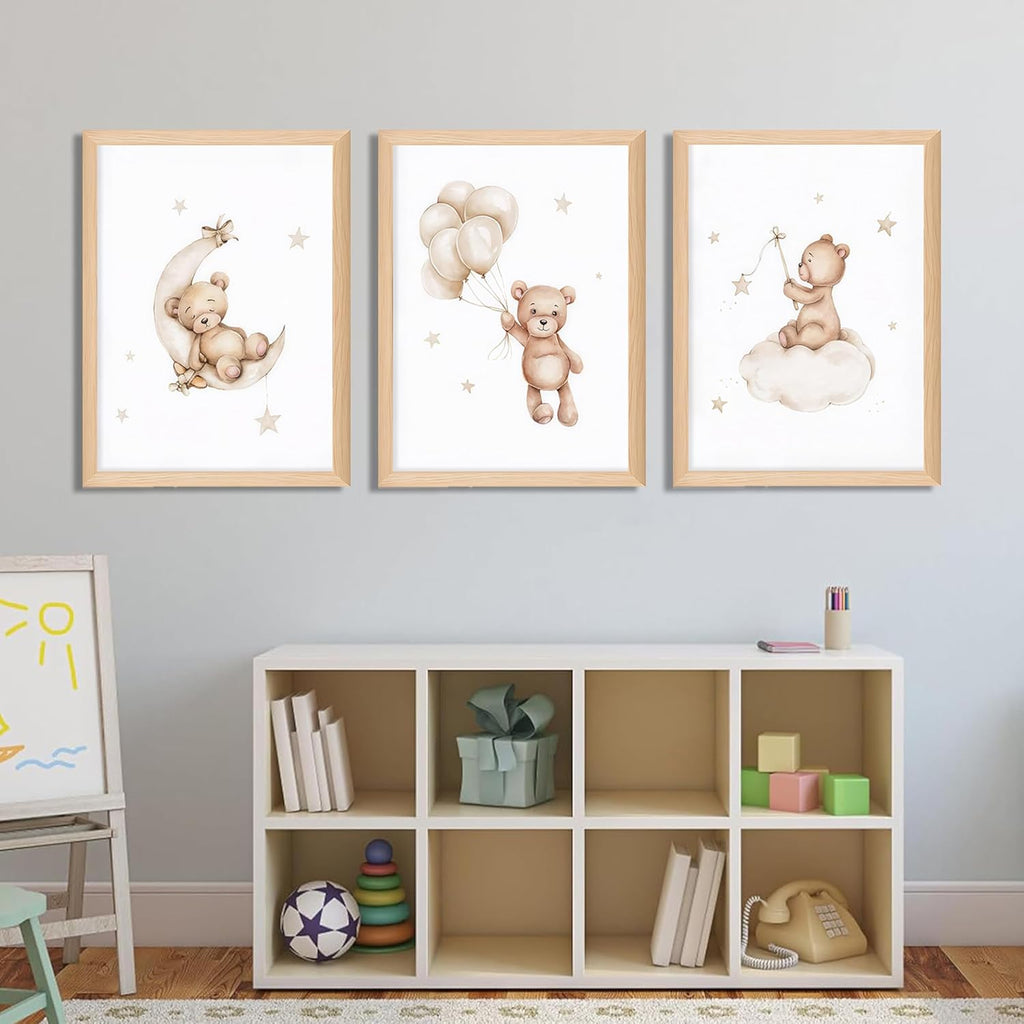 Framed Teddy Bear Wall Art Nursery Decor Set of 3, Bear Sleeping on The Moon and Stars Pictures Canvas, Neutral Bears