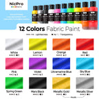 12 Colors Fabric Paint (1oz/30ml) with Brushes, Palette, Stencils