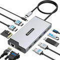 Docking Station USB C Hub Multiport Adapter Triple Display | 12-in-1 hub with 2 HDMI,1 VGA, RJ45,100W PD,USB A&C 3.0