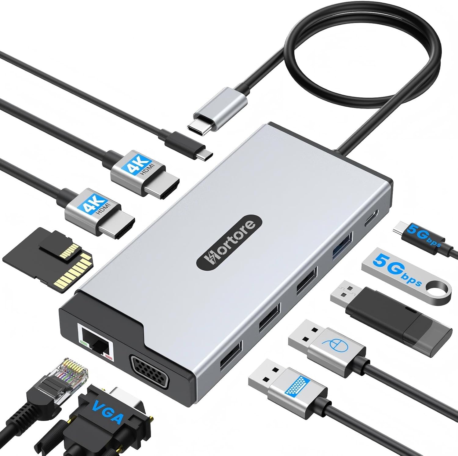 Docking Station USB C Hub Multiport Adapter Triple Display | 12-in-1 hub with 2 HDMI,1 VGA, RJ45,100W PD,USB A&C 3.0