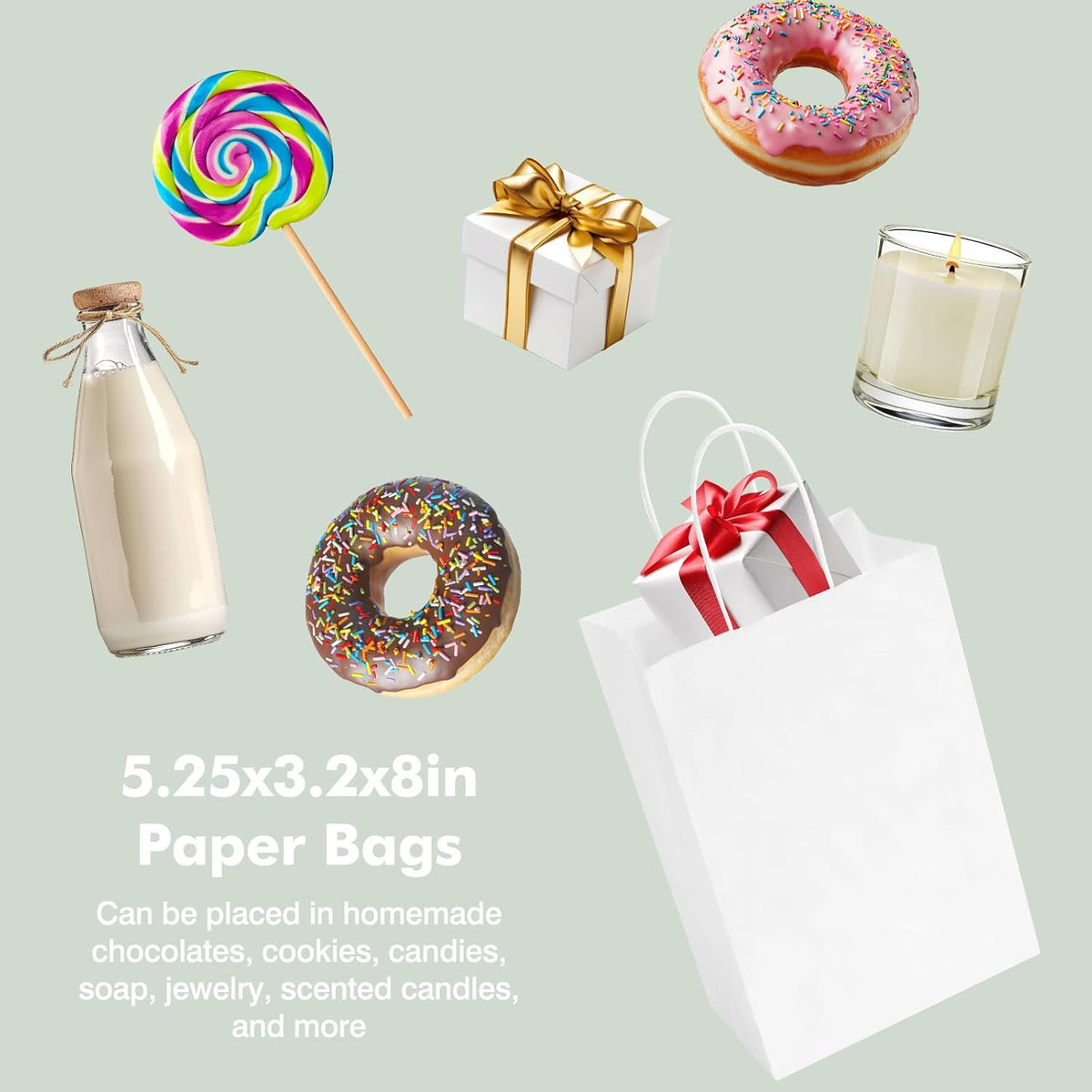 60pcs Small White Paper Gift Bags with Handles Bulk, 5.25x3.2x8in