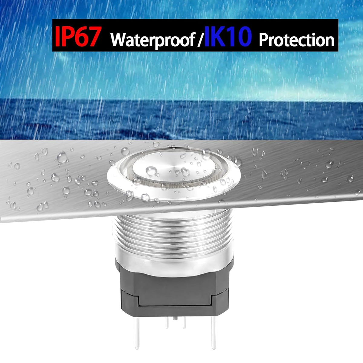 UL Listed 15Amp 22mm Momentary Push Button Switch, IP67 Waterproof, DPST 2NO, Stainless Steel 304, On Off Switch with Wire Socket, 110V Red LED.