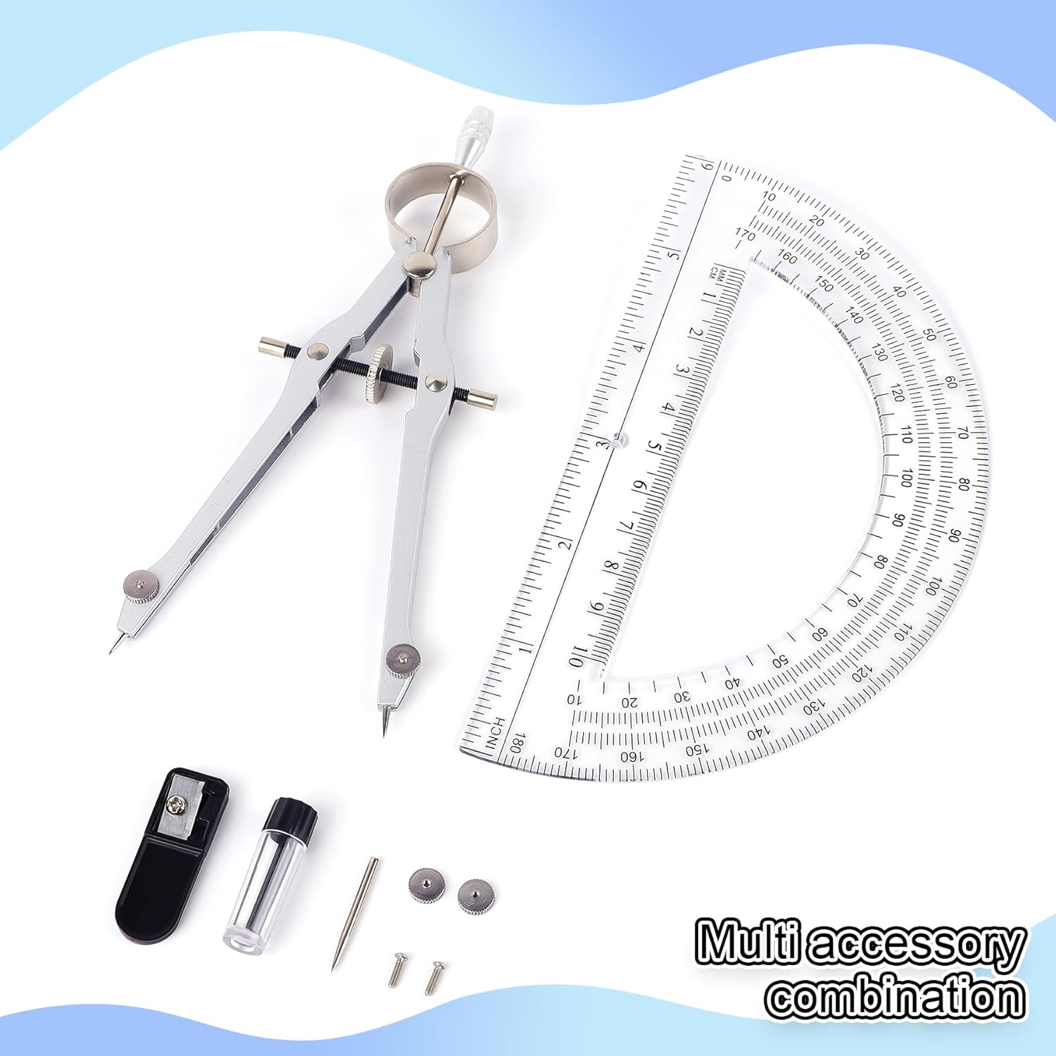 Compass and Protractor Set, Math Compass for Geometry (Silver) | Professional Drawing Compass Tool, Metal Compass