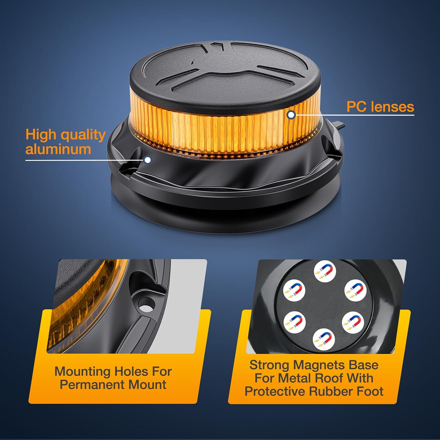 Amber Beacon Light 12V-24V Aluminum Base Flashing Safety Warning Lights Permanent & Magnet Mount LED Emergency