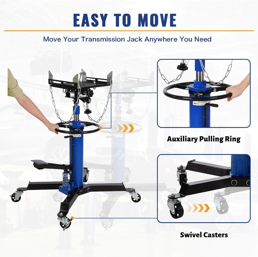 Hydraulic Transmission Jack - 1100 Lbs Capacity, 2-Stage Telescopic Lift 33.8"-72.8", 360° Swivel Wheels, Foot Pedal