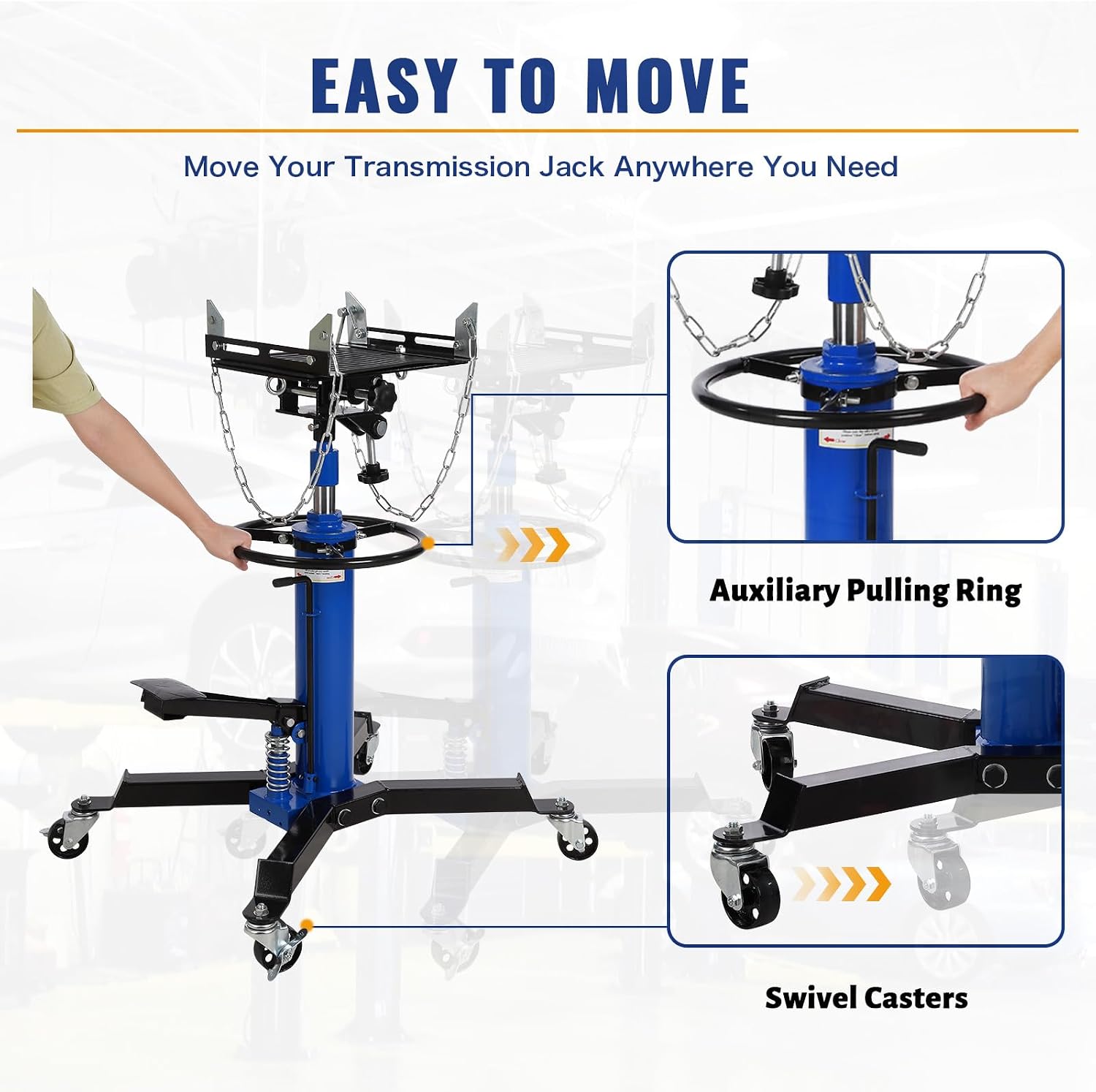 Hydraulic Transmission Jack - 1100 Lbs Capacity, 2-Stage Telescopic Lift 33.8"-72.8", 360° Swivel Wheels, Foot Pedal