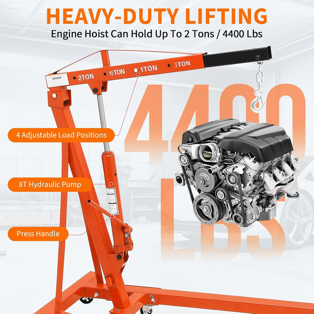2-Ton Folding Engine Hoist Cherry Picker 4400 Lb Capacity Hydraulic Shop Crane with Telescoping Boom 6 Caster Wheels