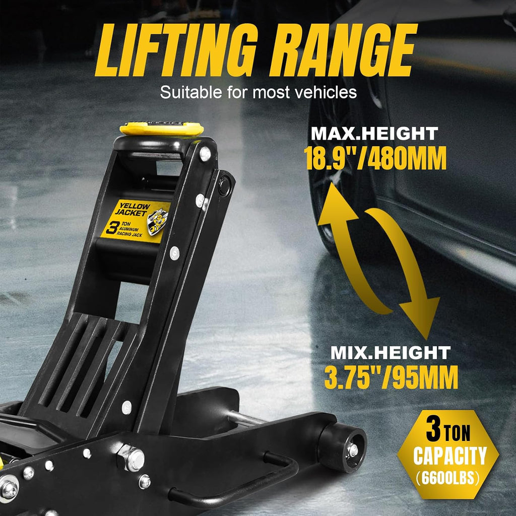 3 Ton Aluminum Floor Jack, Low Profile 3-3/4 to 18-9/10''