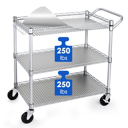 Heavy Duty 3 Tier Utility Cart,Wire Rolling Carts with Wheels, Commercial Grade Service Cart with Shelving Liners and