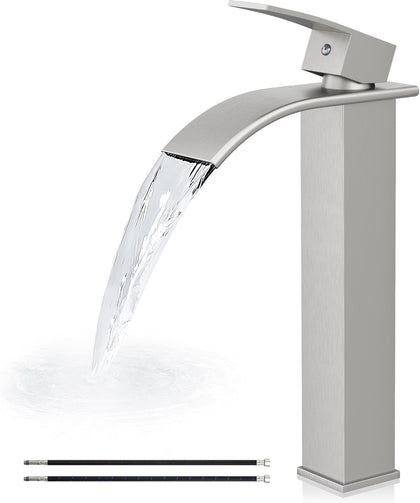 Vessel Sink Faucet,Nickel Tall Waterfall Faucet No Drain