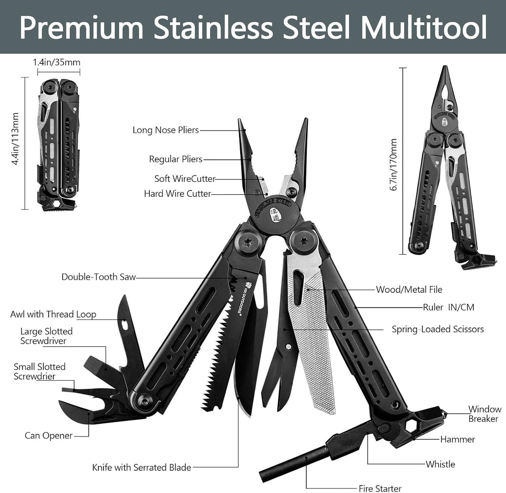 19 In 1 Pocket Multi Tool, Stainless Steel Multitools Pliers with Fire Starter and Glass Breaker, Folding EDC Camping
