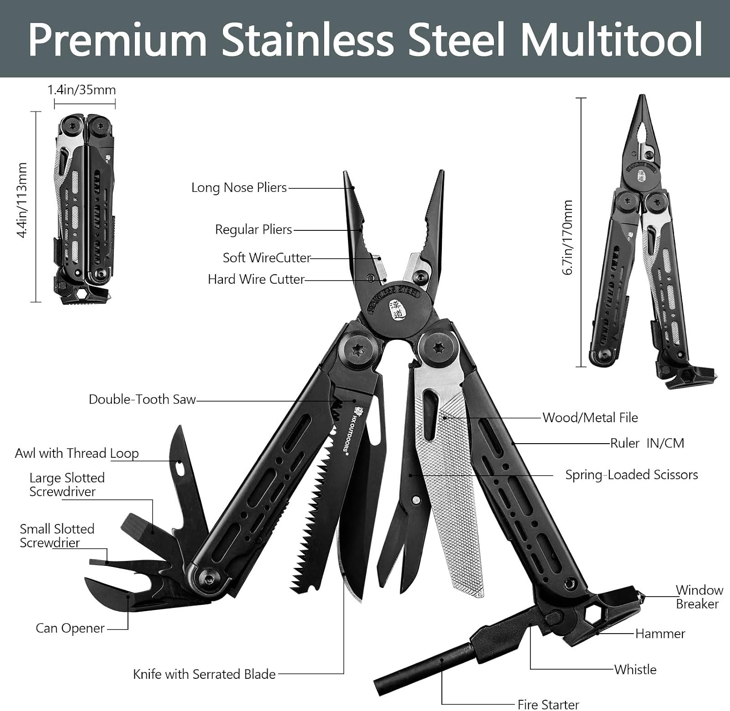 19 In 1 Pocket Multi Tool, Stainless Steel Multitools Pliers with Fire Starter and Glass Breaker, Folding EDC Camping