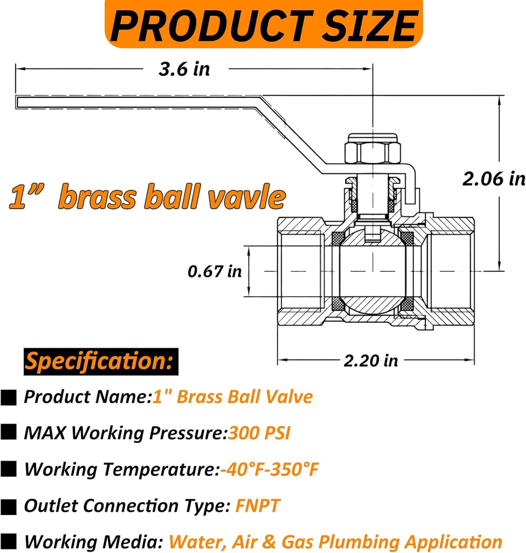 2Pack 1 Inch Full Port Ball Valve, Brass Male x Female NPT, 300 WOG