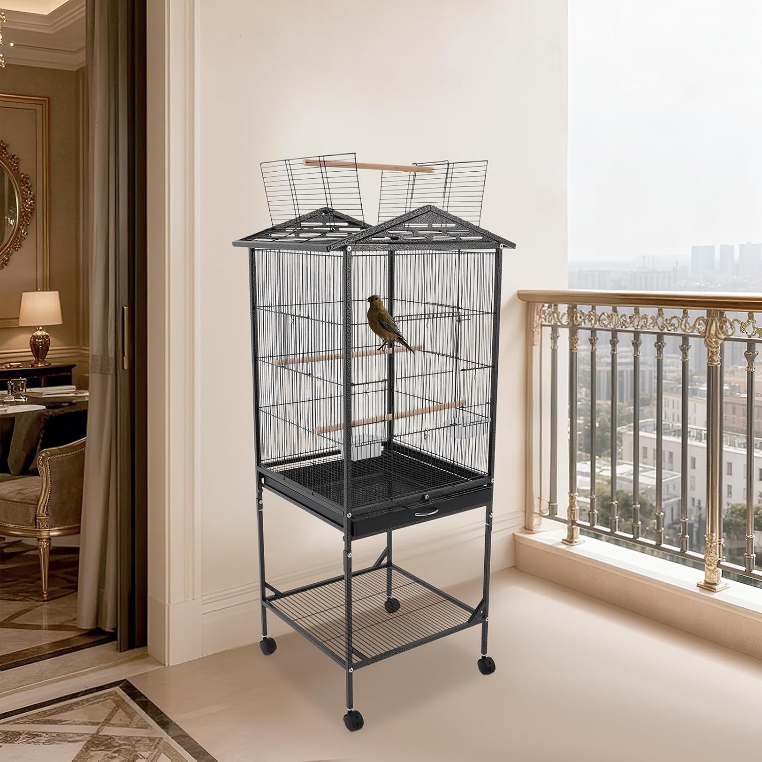 Large Heavy Duty Wrought Iron Bird Cage with Open Play Top Area & Rolling Stand, Spacious Flight Cage for Parrots