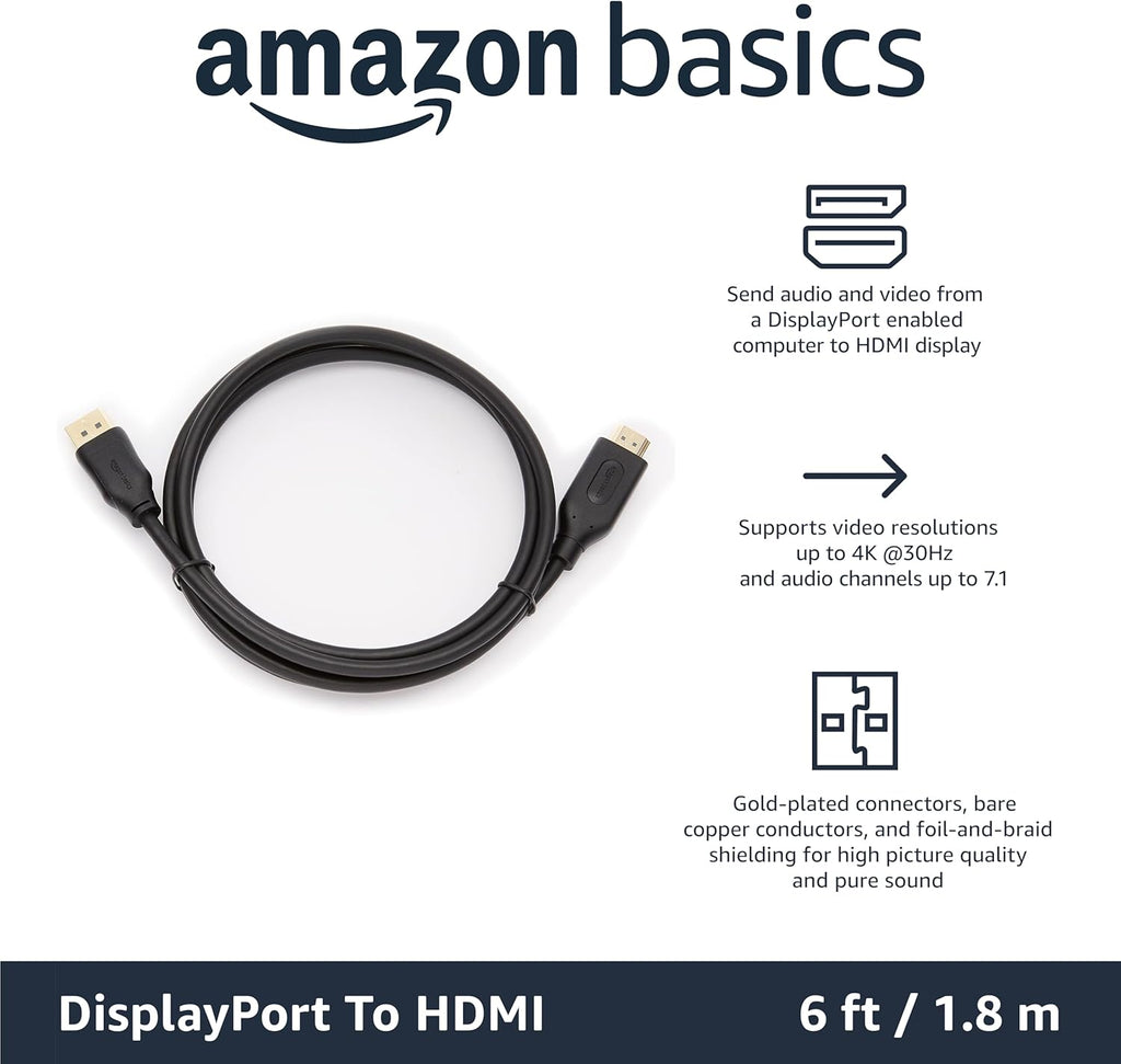 DisplayPort to HDMI Cable, Uni-Directional, 4K@30Hz, 1920x1200, 1080p, Gold-Plated Connectors for Enhanced Picture