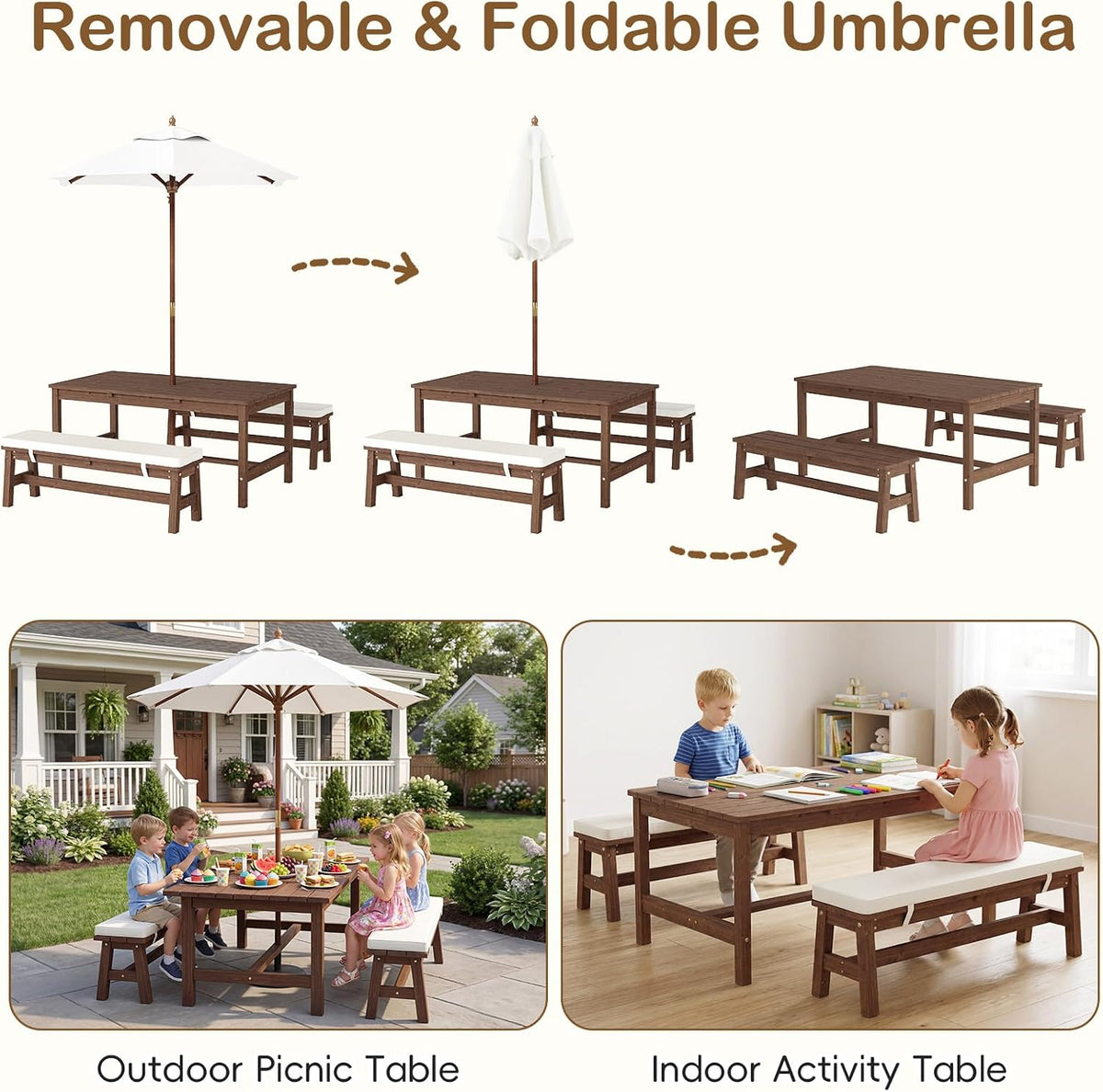 Kids Picnic Table, Outdoor Wooden Bench Set with Removable Cushions Adjustable Foldable Umbrella, Toddler Backyard