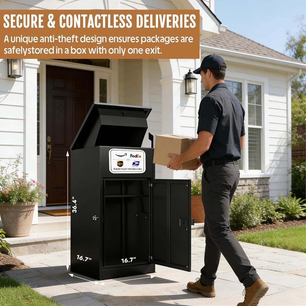 Secure Package Delivery Box for Outside – 36.4”H Heavy-Duty Steel Parcel Drop Box with Anti-Theft Lock & IPX3