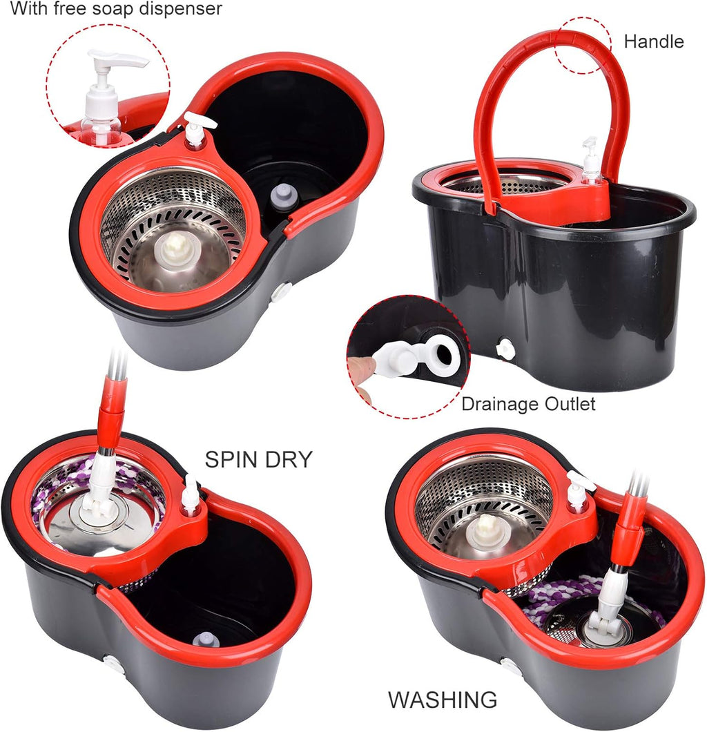Mop and Bucket Set, 360° Spin Mop and Bucket with Wringer Set and 3 Microfiber Mop Refills, Stainless Steel 61"
