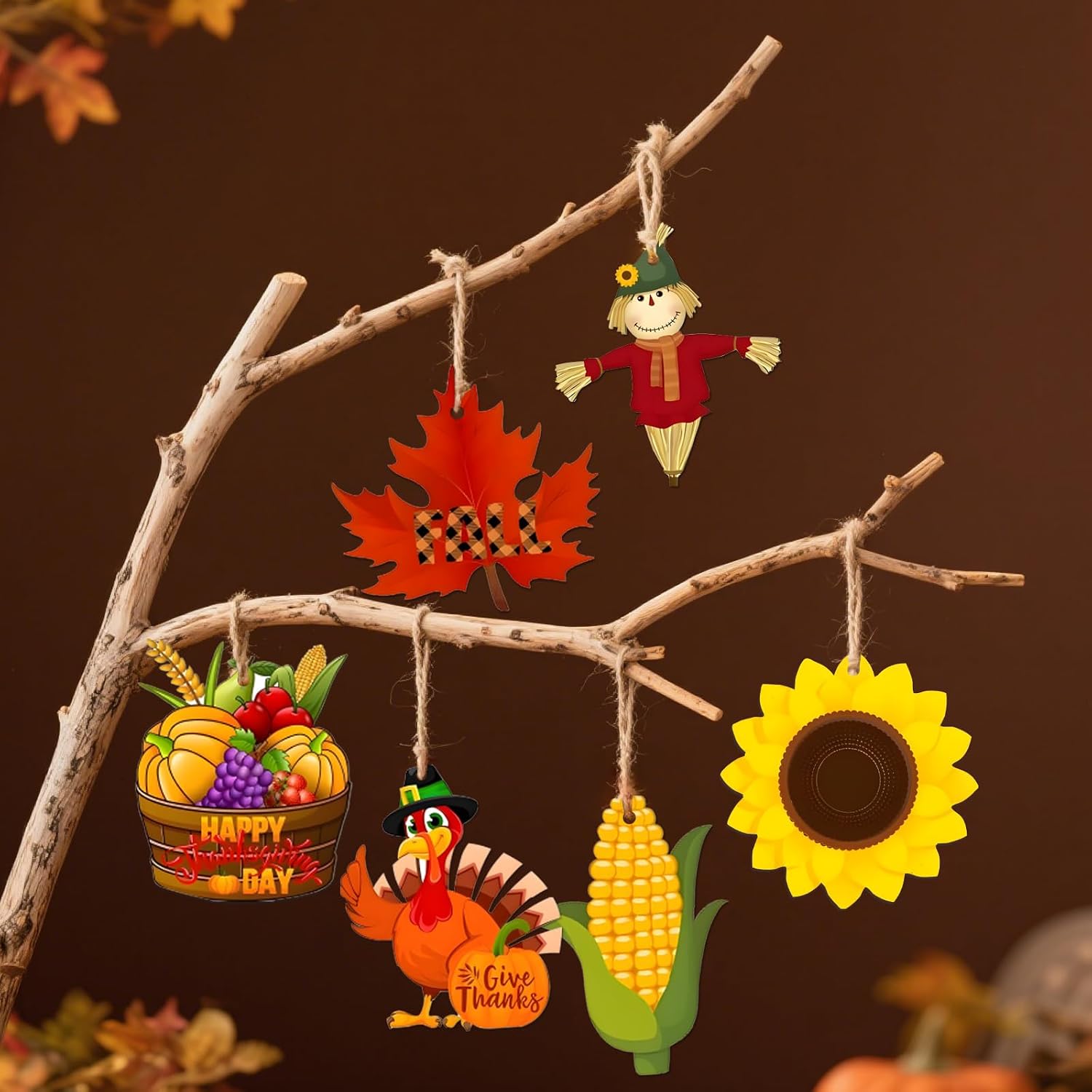 Fall Decor Indoor, 24 PCS Wooden Thanksgiving Hanging Decorations | Rustic Turkey, Scarecrow, Pumpkin & Basket, 8