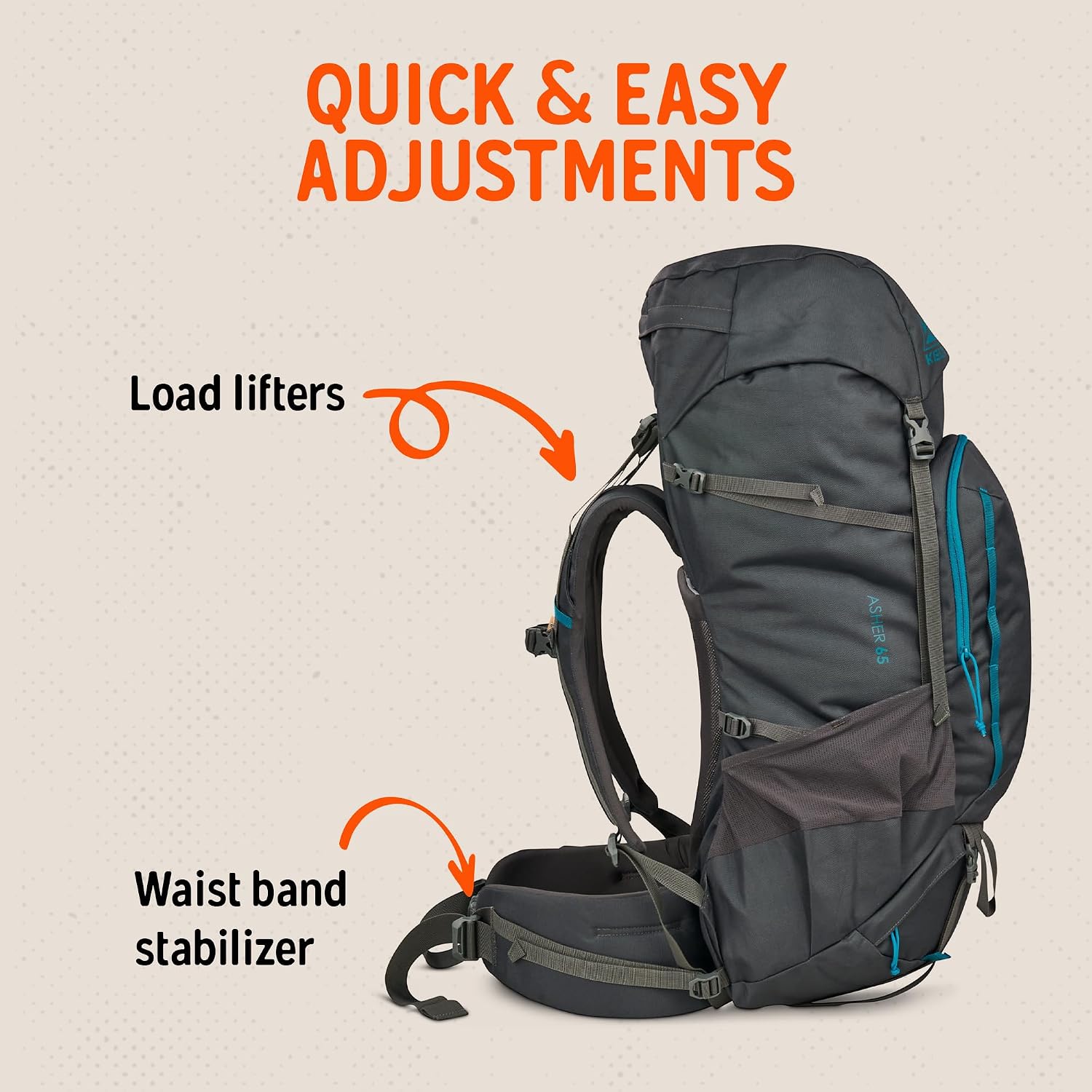 Kelty Asher Backpack, Daypack to Multi-Day Backpacking Capacity, Hiking, Lightweight Travel Pack, Internal Frame (65L