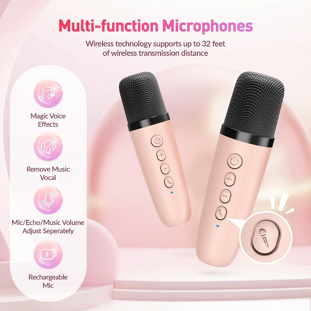 Mini Karaoke Machine,Portable Bluetooth Speaker with 2 Wireless Microphones | 360° Surround Sound,5 Voice