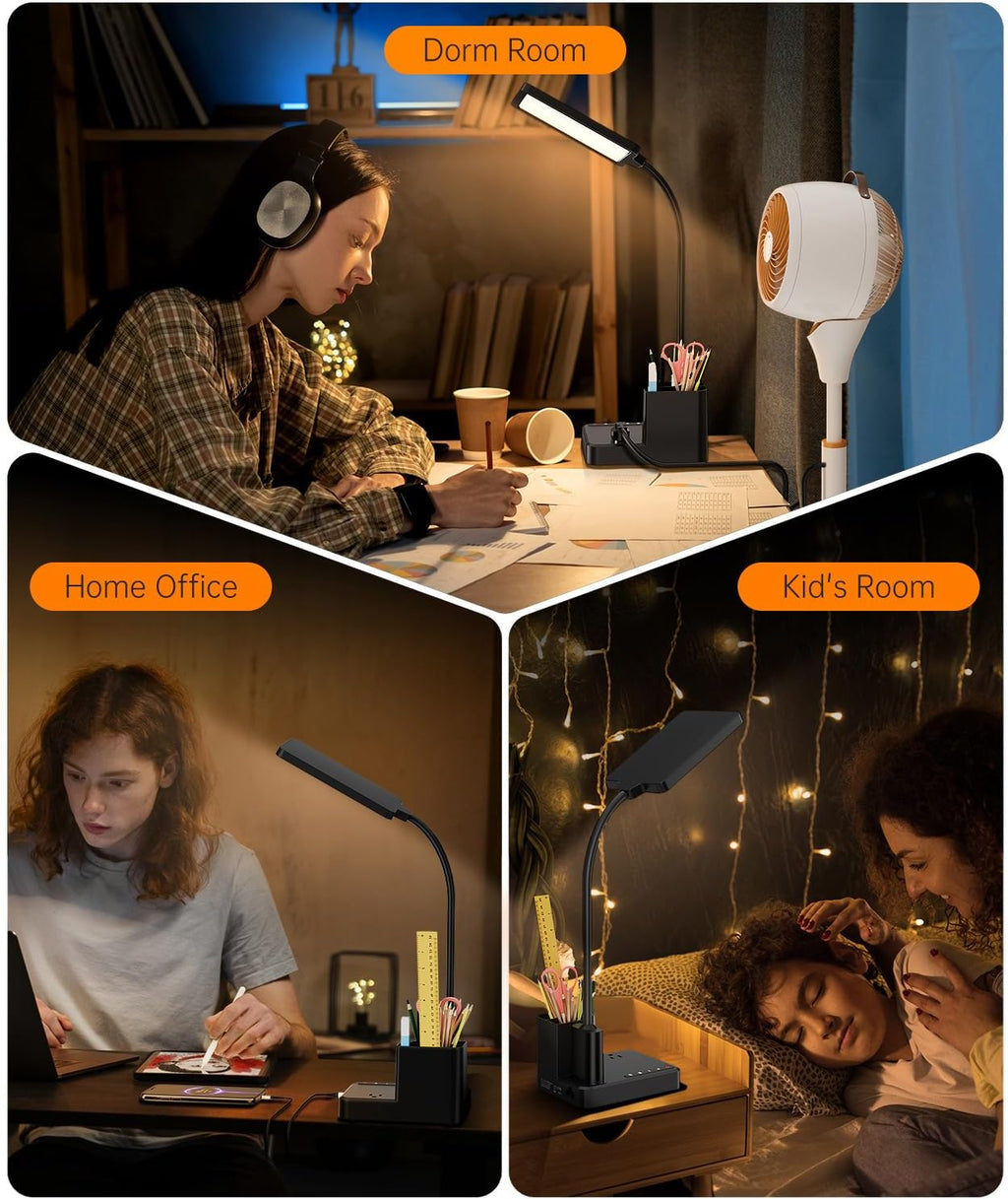 LED Desk Lamp for Dorm USB A/C Charger Pen Holder 3 Light Modes Black | 3 Color Modes, 3 Brightness, 360° Gooseneck