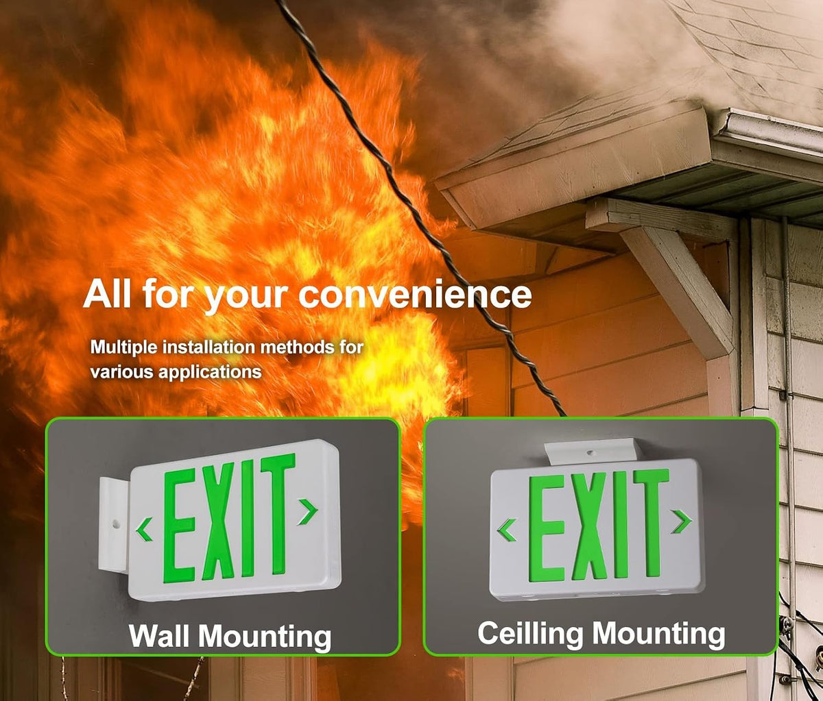 Green Exit Sign, LED Emergency Exit Light with Battery Backup, UL Listed, AC 120/277V, Hardwired Exit Signs with