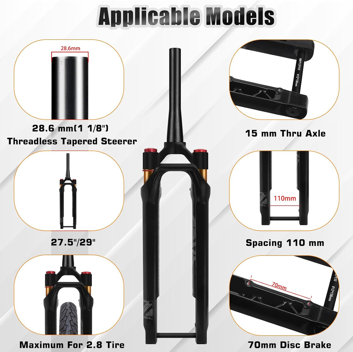 GRVS 1 1/8 700C Gravel Road Bike Air Suspension Fork 40mm Travel | 28.6mm Threadless Tapered Tube, 100 * 12mm Thru