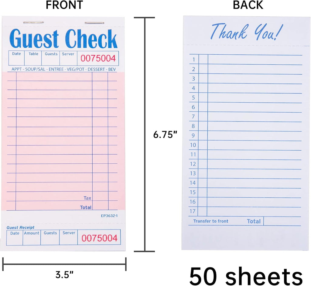 Guest Check Pads for Servers (Pink-10 pads), 50 Sheets/Pad