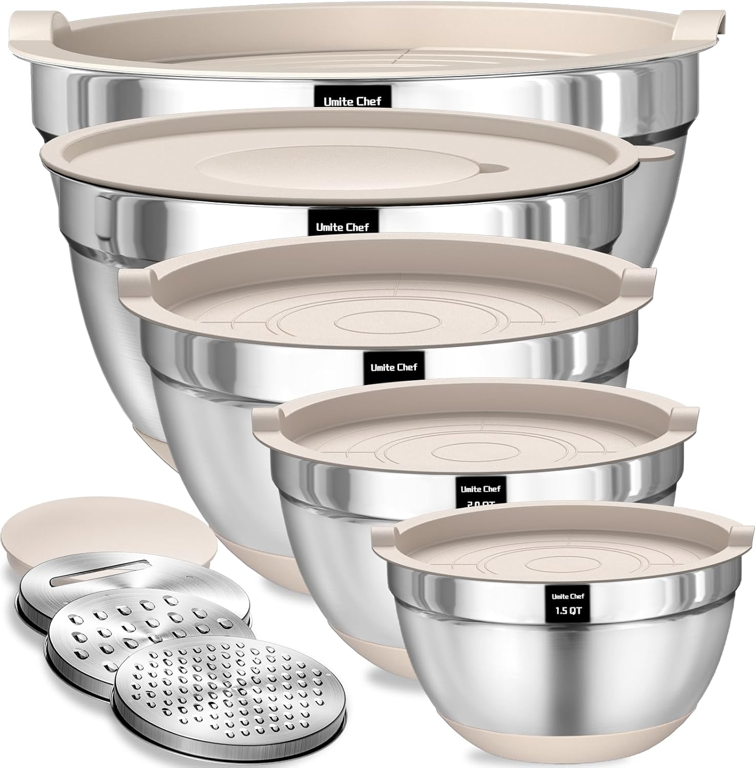 Mixing Bowls with Airtight Lids Set, 8PCS Stainless Steel Nesting Bowls with Grater Attachments, Non-Slip Bottoms, 5