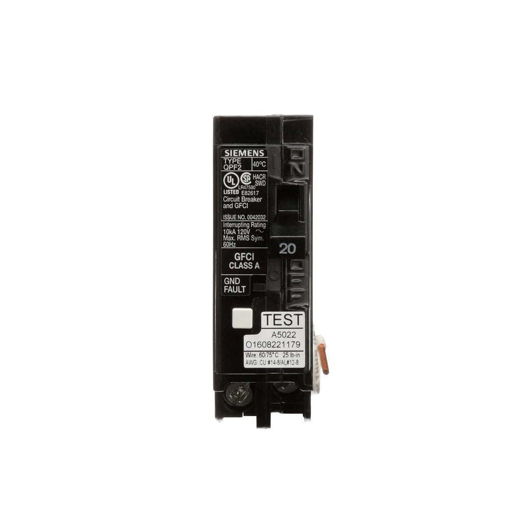 QF120A Gfci Circuit Breaker, Plug In, Self Testing, 20 Amp, 1-Pole, 120 Volt