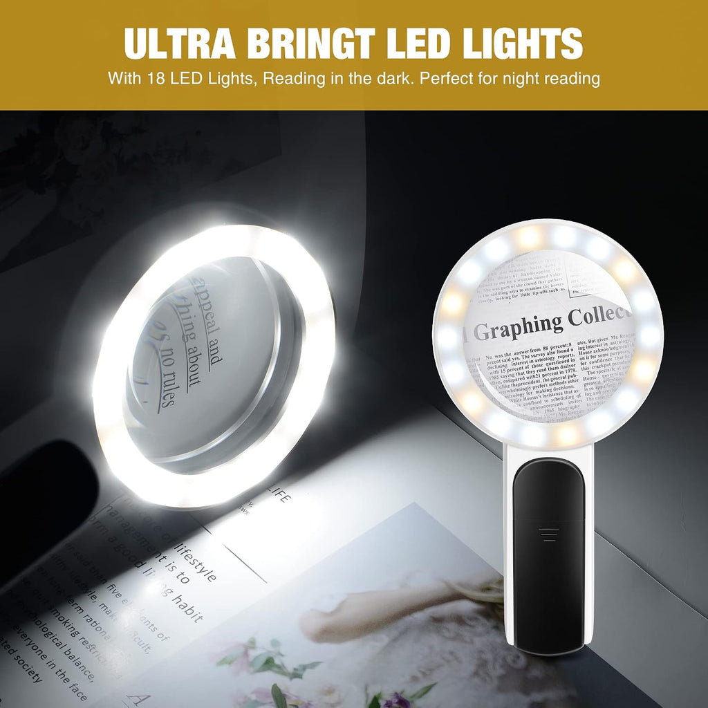 Magnifying Glass with Light, High Magnification Handheld Large Magnifying Glass 18LED Cold and Warm Light with 3