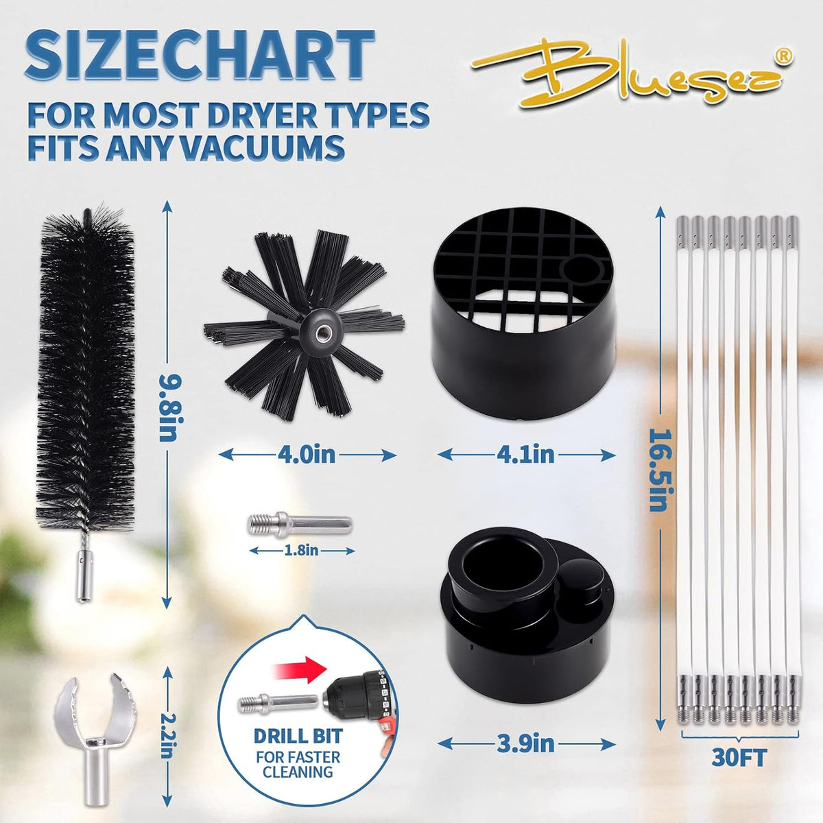 30FT Dryer Vent Cleaner Kit 7Pcs - Lint Remover Brush & Adapters