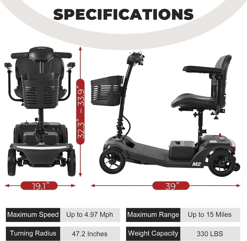 4 Wheel Powered Mobility Scooters, 330 lbs Capacity Mobility Scooters for Adults, Folding Mobility Scooter