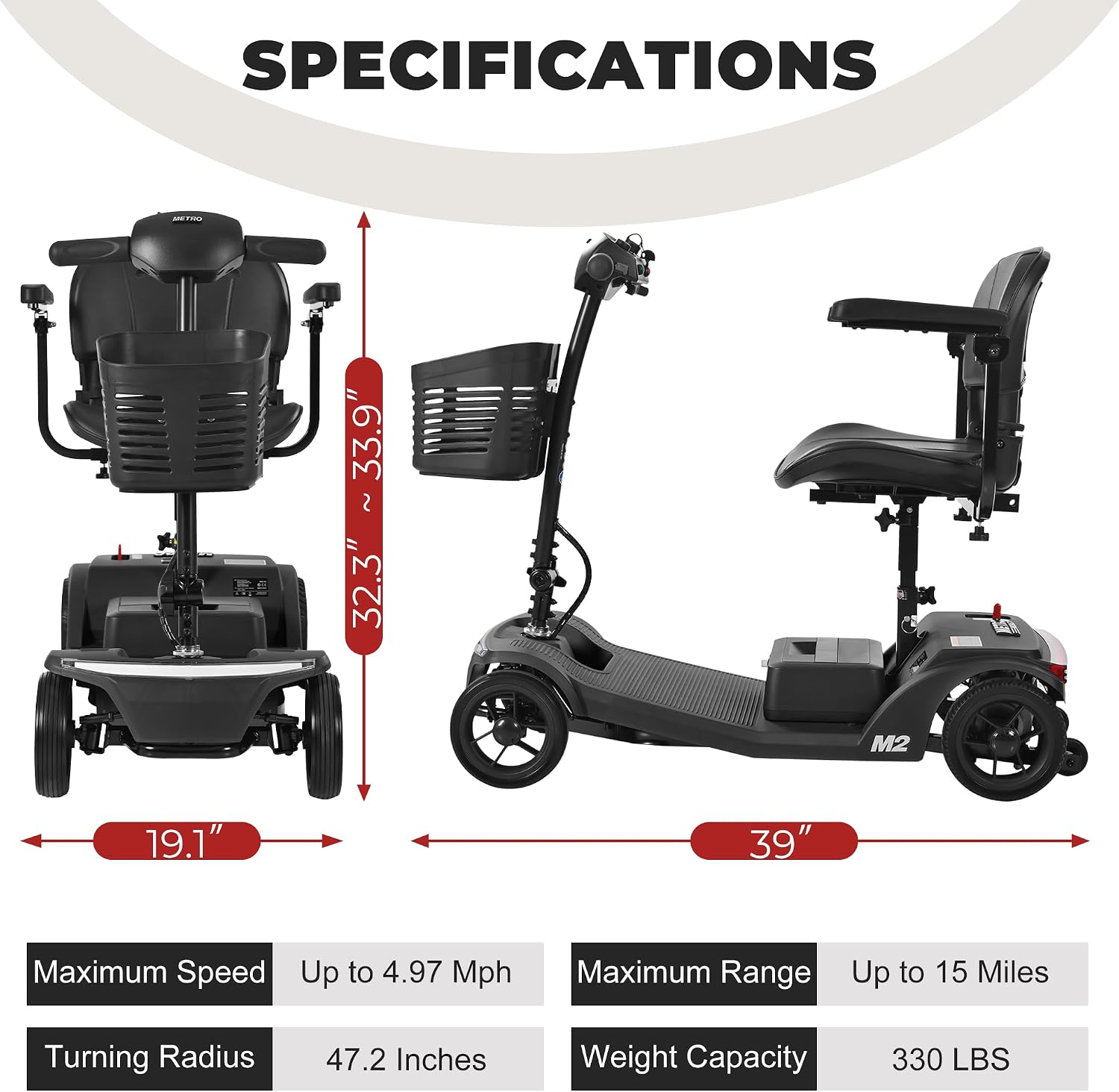 4 Wheel Powered Mobility Scooters, 330 lbs Capacity Mobility Scooters for Adults, Folding Mobility Scooter