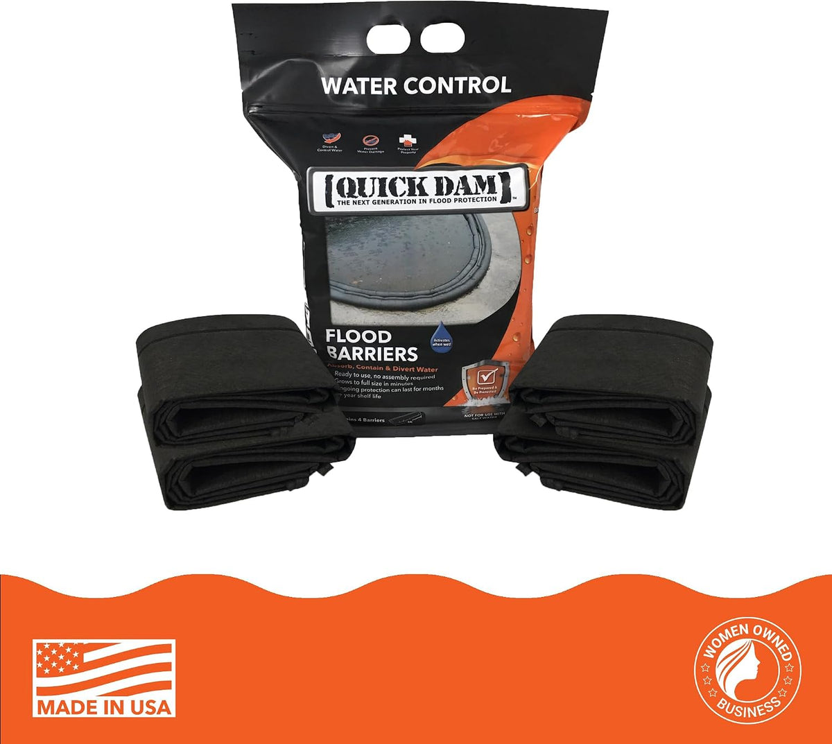 QD65-4 Water Activated 5ft Flood Barrier, 4 Pack, Black | absorb, contain & divert problem flood water