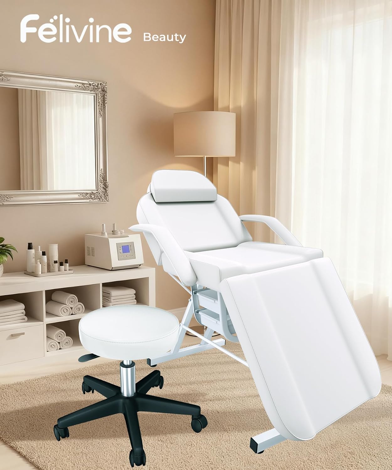 White Tattoo Chair for Client with Hydraulic Rolling Stool, Facial Bed Tattoo Client Chair Facial Chairs for