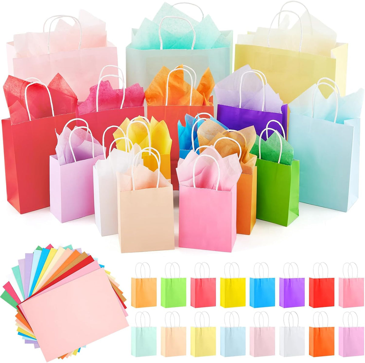 208 Pcs Gift Bags Bulk Assorted Sizes with Handles, 48 Pack 3 Sizes (Small 6", Medium 9", Large 13") with 160 Tissue