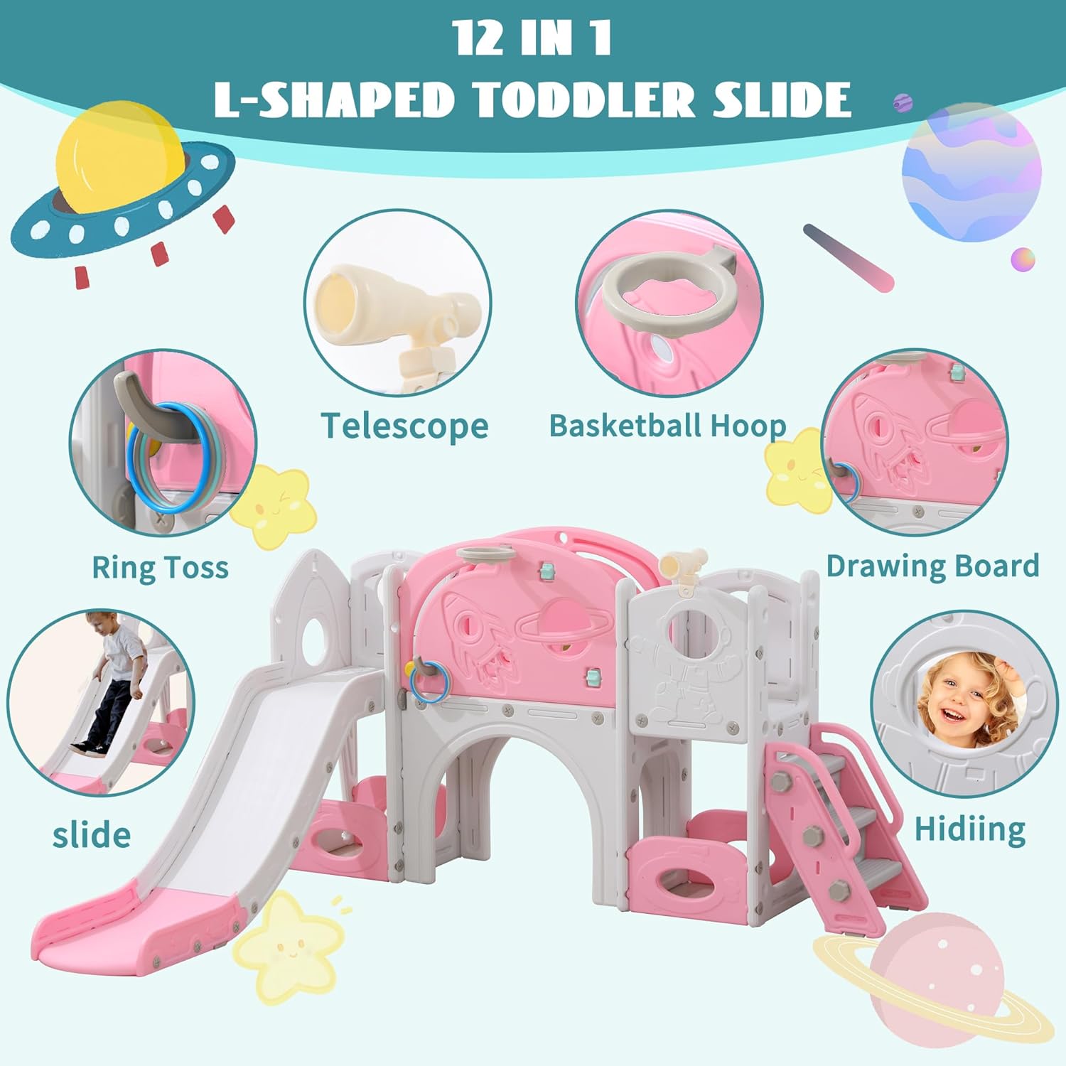 12 in 1 Toddler Slide, Astronaut Themed for Baby Slide Toddlers Aged 3+, with Astronaut,Telescope, Basketball Hoop